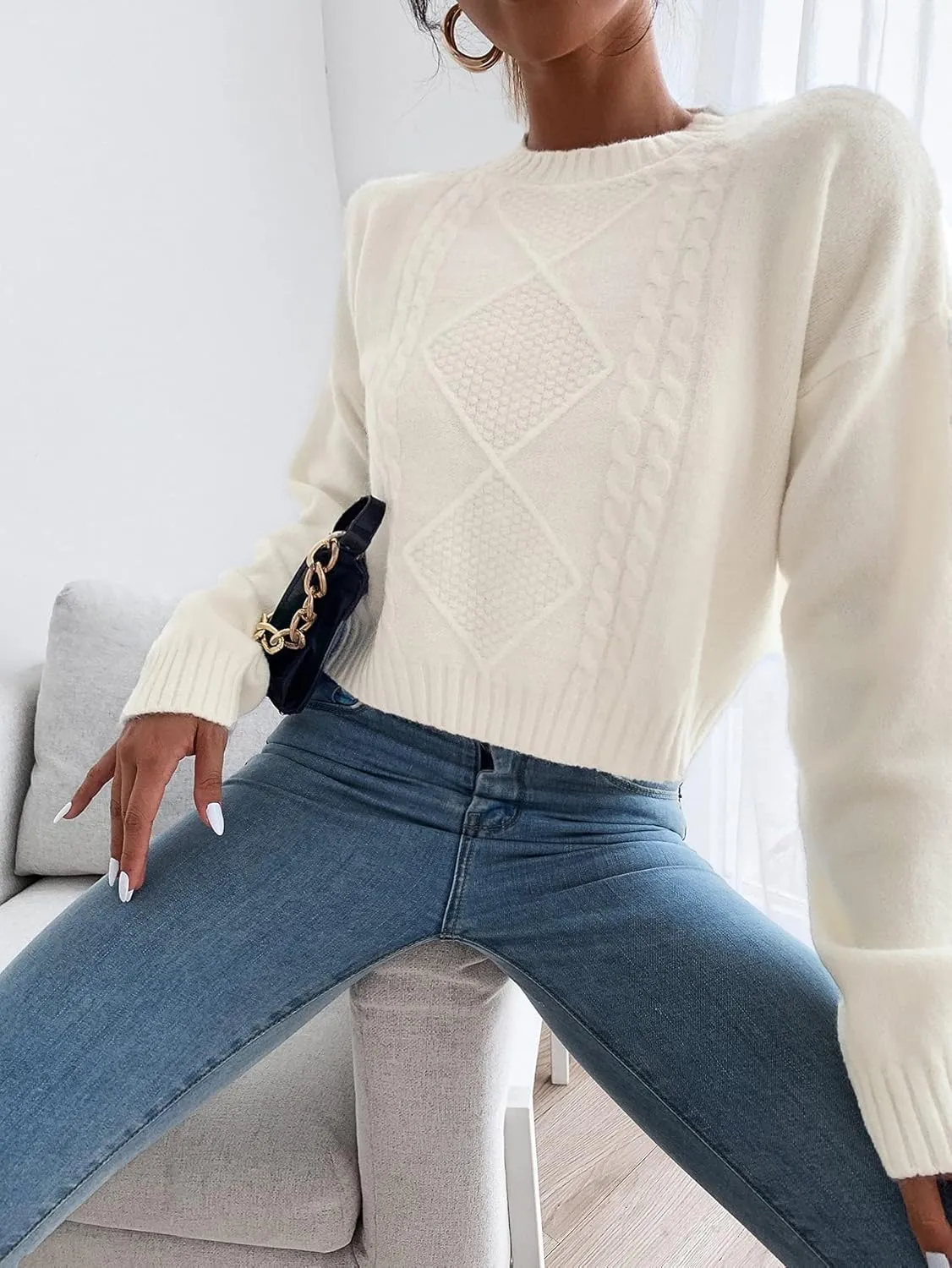 Women's Sweater Cable Knit Drop Shoulder Sweater Sweater for Women (Size : Small)