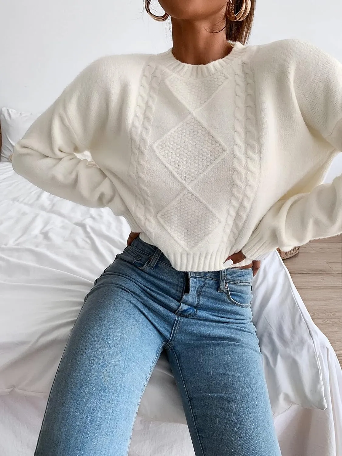 Women's Sweater Cable Knit Drop Shoulder Sweater Sweater for Women (Size : Small)