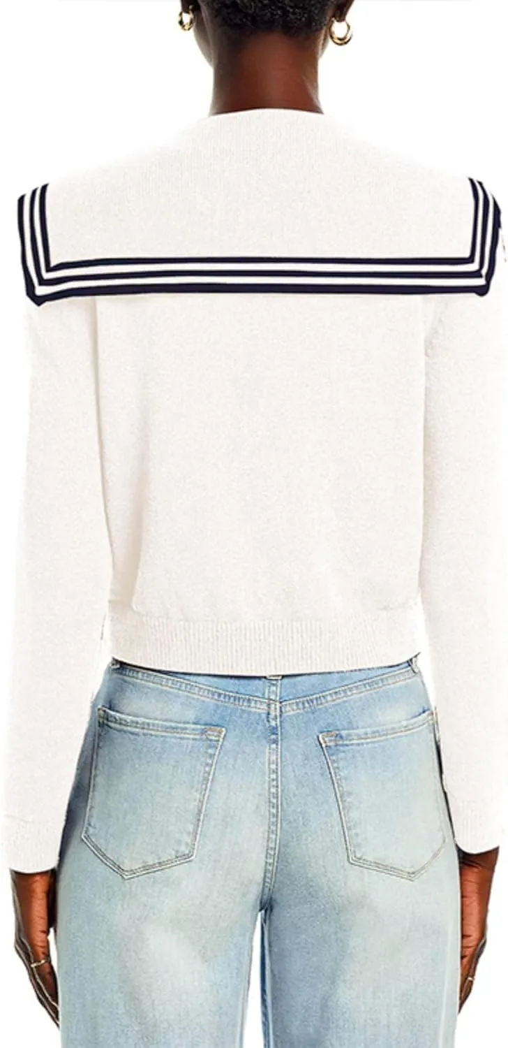 Women's V Neck Cardigan Sweaters Cropped Sailor Collar Button Up Knit Long Sleeve Open Front Coat