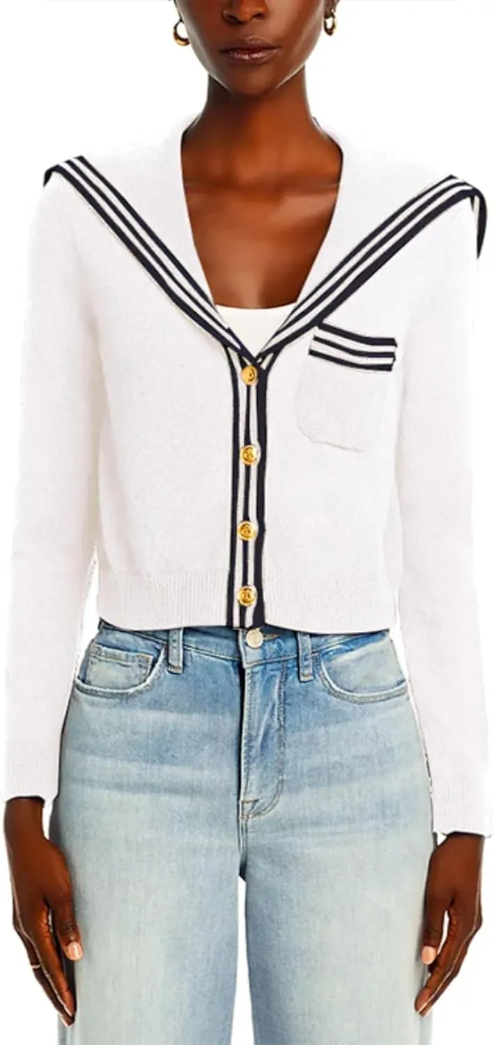 Women's V Neck Cardigan Sweaters Cropped Sailor Collar Button Up Knit Long Sleeve Open Front Coat