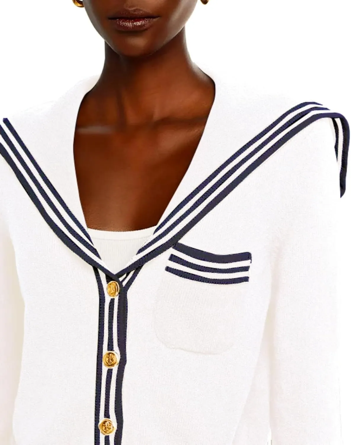 Women's V Neck Cardigan Sweaters Cropped Sailor Collar Button Up Knit Long Sleeve Open Front Coat