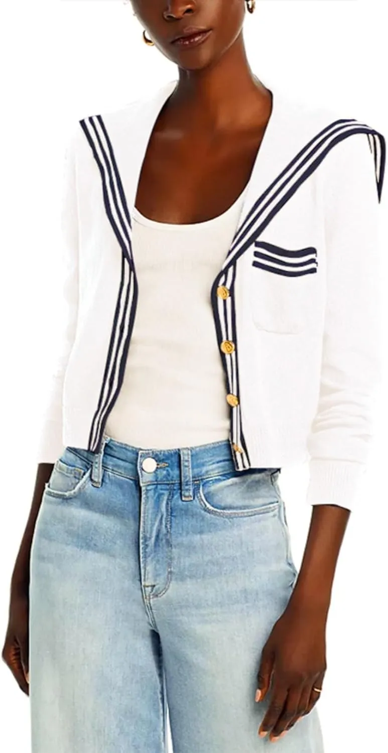 Women's V Neck Cardigan Sweaters Cropped Sailor Collar Button Up Knit Long Sleeve Open Front Coat