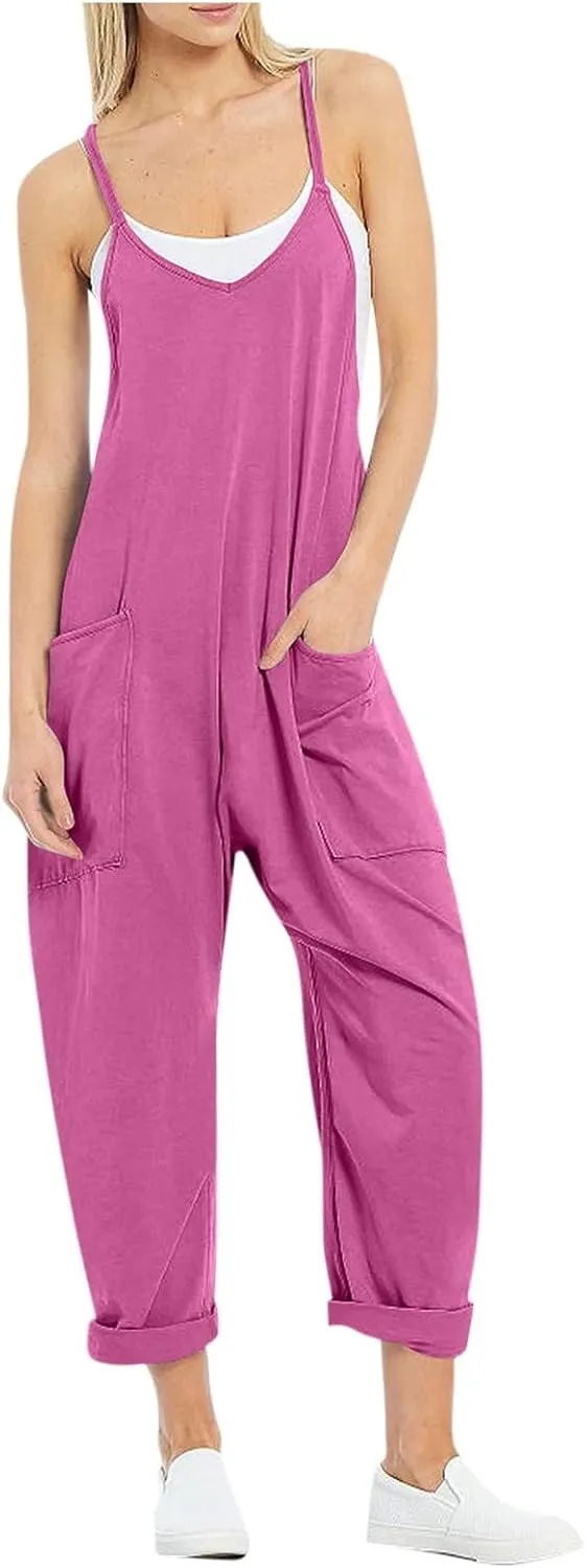 Women's V Neck Sleeveless Loose Fit Jumpsuits Spaghetti Straps Harem Long Pants Wide Leg Maternity Overalls with Pockets