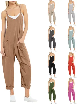 Women's V Neck Sleeveless Loose Fit Jumpsuits Spaghetti Straps Harem Long Pants Wide Leg Maternity Overalls with Pockets