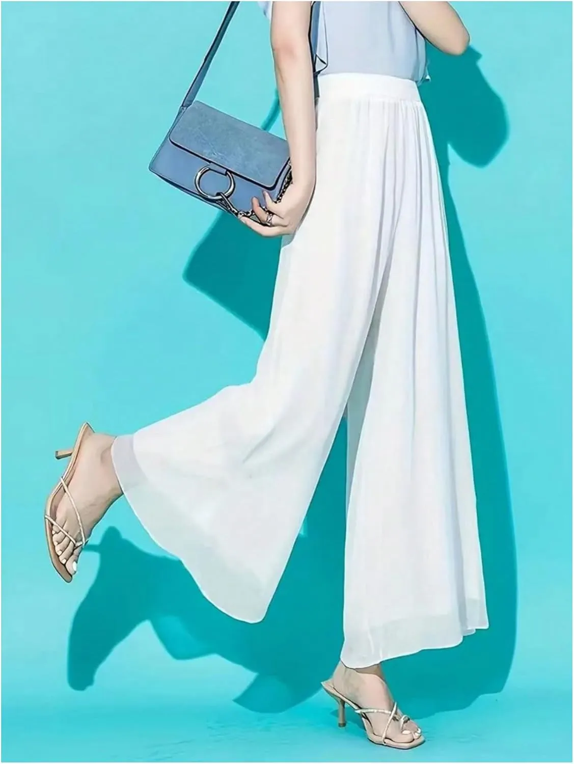 Women's Wide Leg Elastic Waist Flowy Pants Loose Casual Sheer Palazzo Trousers