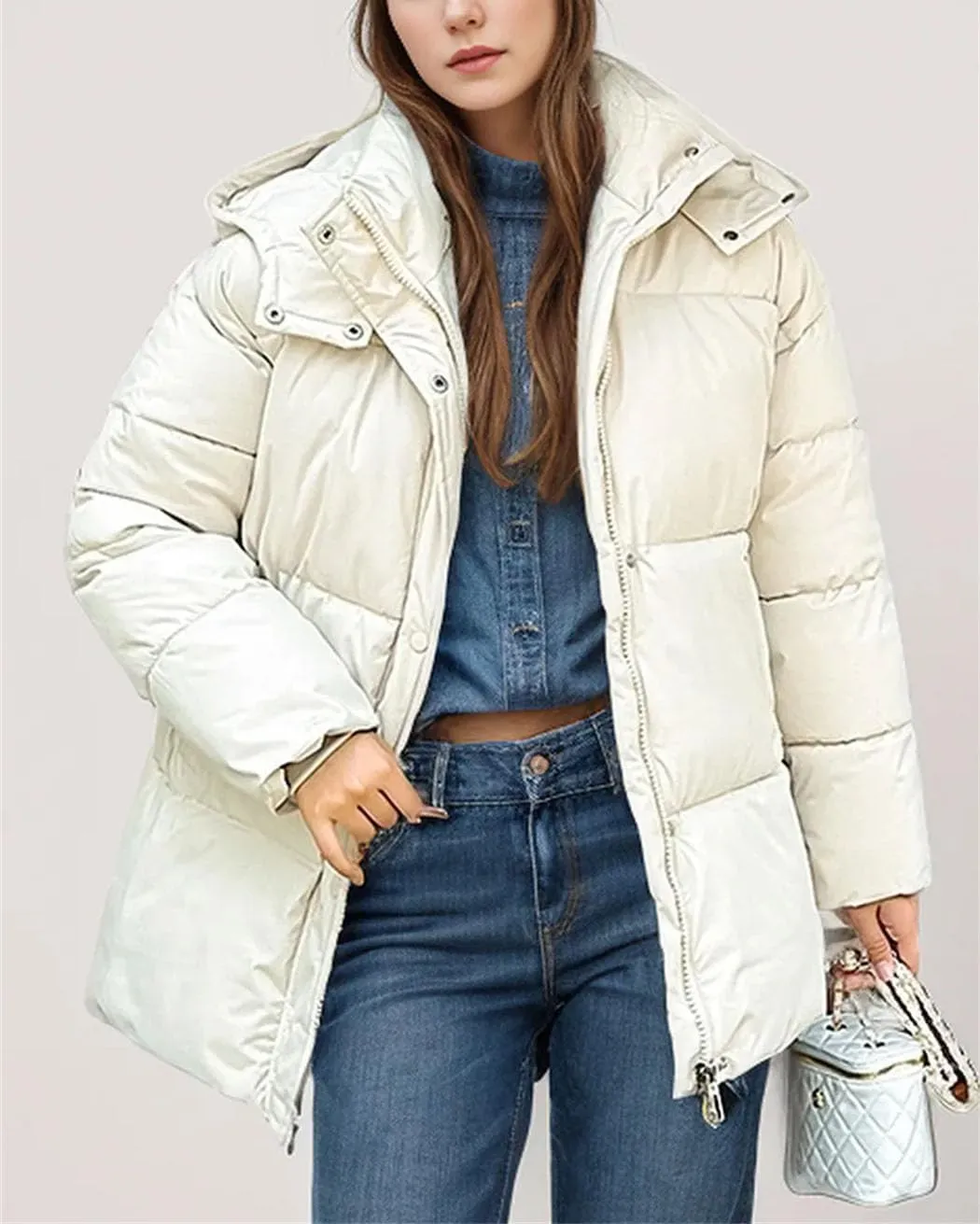 Women's Winter Puffer Jacket Hooded Waist Slimming Cotton Down Coat High Collar Quilted Warm Parkas