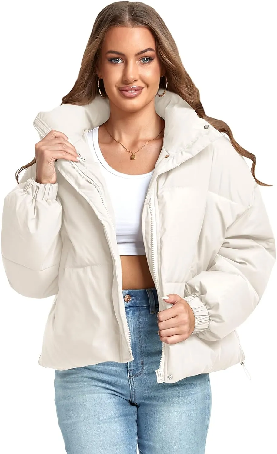 Women's Winter Warm Long Sleeve Zip Up Drawstring Baggy Cropped Puffer Down Jacket Coat Outerwear