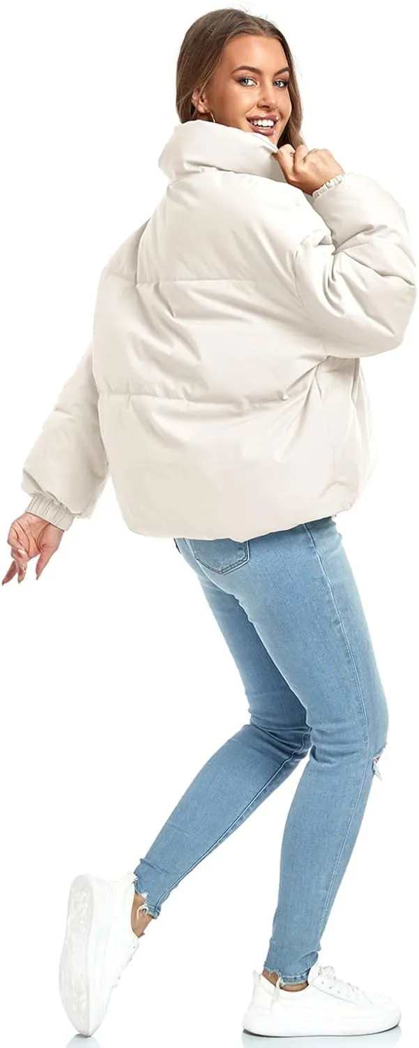 Women's Winter Warm Long Sleeve Zip Up Drawstring Baggy Cropped Puffer Down Jacket Coat Outerwear