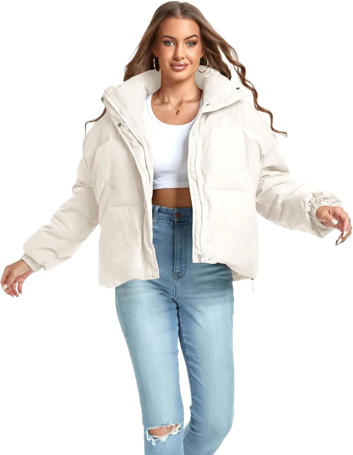 Women's Winter Warm Long Sleeve Zip Up Drawstring Baggy Cropped Puffer Down Jacket Coat Outerwear