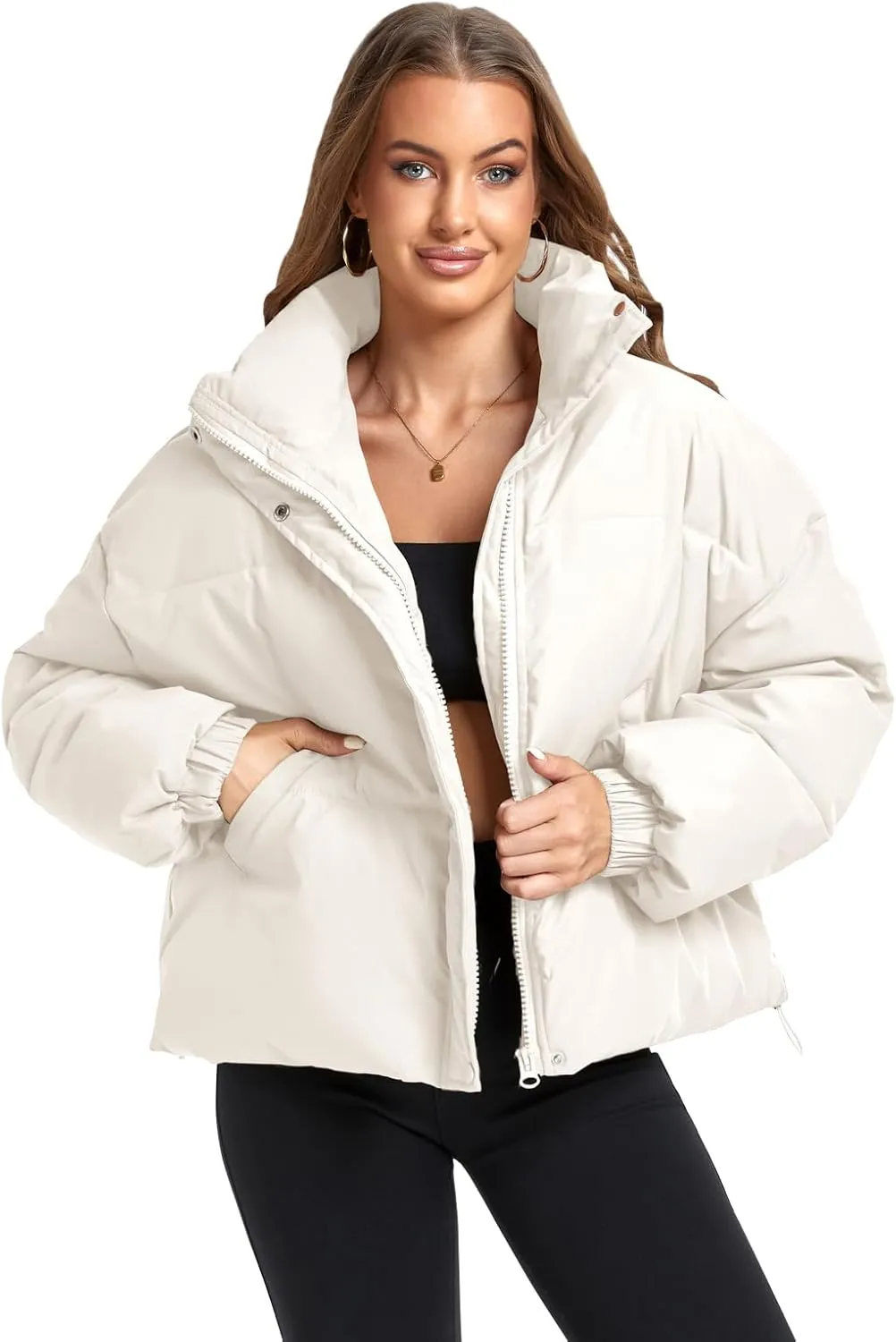 Women's Winter Warm Long Sleeve Zip Up Drawstring Baggy Cropped Puffer Down Jacket Coat Outerwear