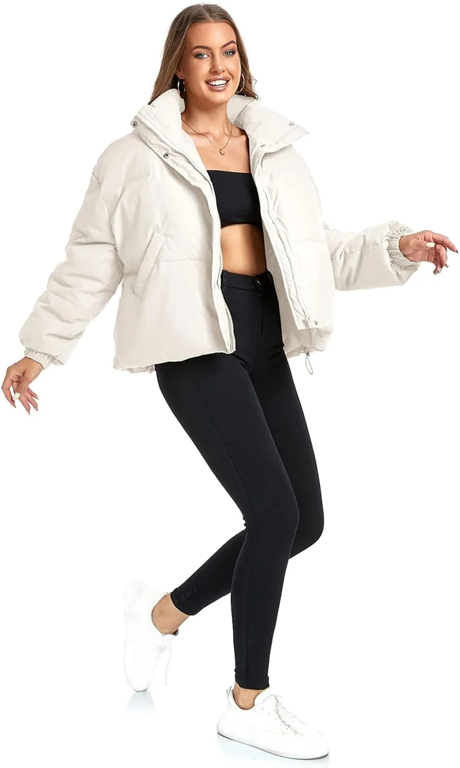 Women's Winter Warm Long Sleeve Zip Up Drawstring Baggy Cropped Puffer Down Jacket Coat Outerwear
