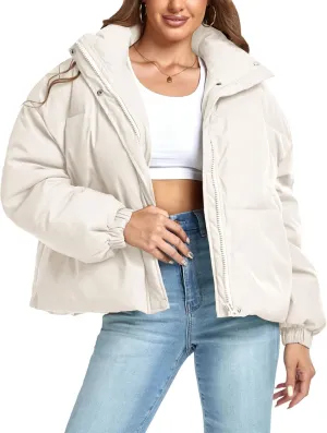 Women's Winter Warm Long Sleeve Zip Up Drawstring Baggy Cropped Puffer Down Jacket Coat Outerwear
