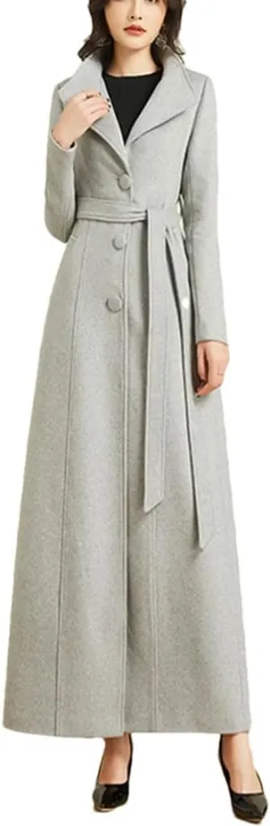 Women's Wool Blended Coat Autumn and Winter LApel Drawstring Long Slim Fit Warm Windbreaker Jacket