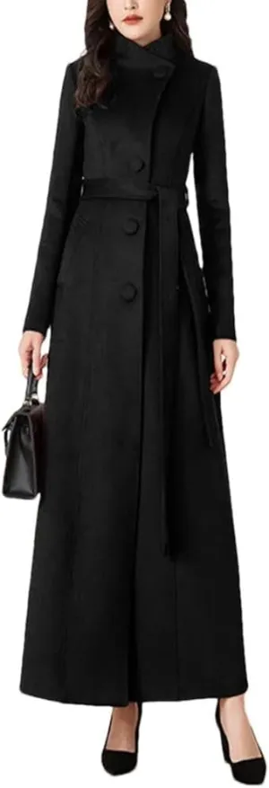 Women's Wool Blended Coat Autumn and Winter LApel Drawstring Long Slim Fit Warm Windbreaker Jacket