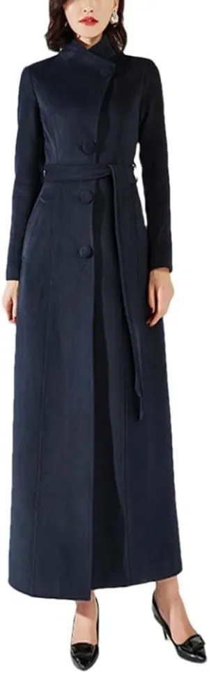 Women's Wool Blended Coat Autumn and Winter Single Breasted Stand ColLAr Long Slim Windbreaker Jacket