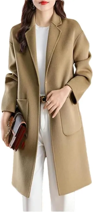 Women's Wool Blended Coat LApel Single Button Long Windbreaker Winter Warm Reversible Coat Jacket
