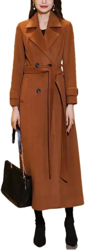 Women's Woolen Coat Long Wool Blended LApel Double Breasted Autumn and Winter Windbreaker Jacket