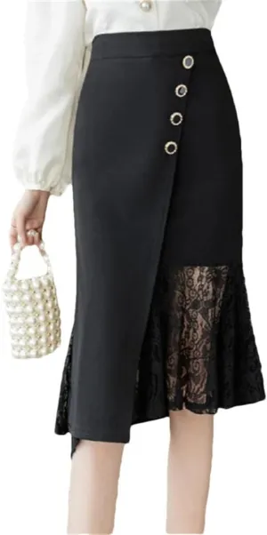 Women's Wrap High Waist Lace Patchwork Irregular Sheath Pencil Office Skirts