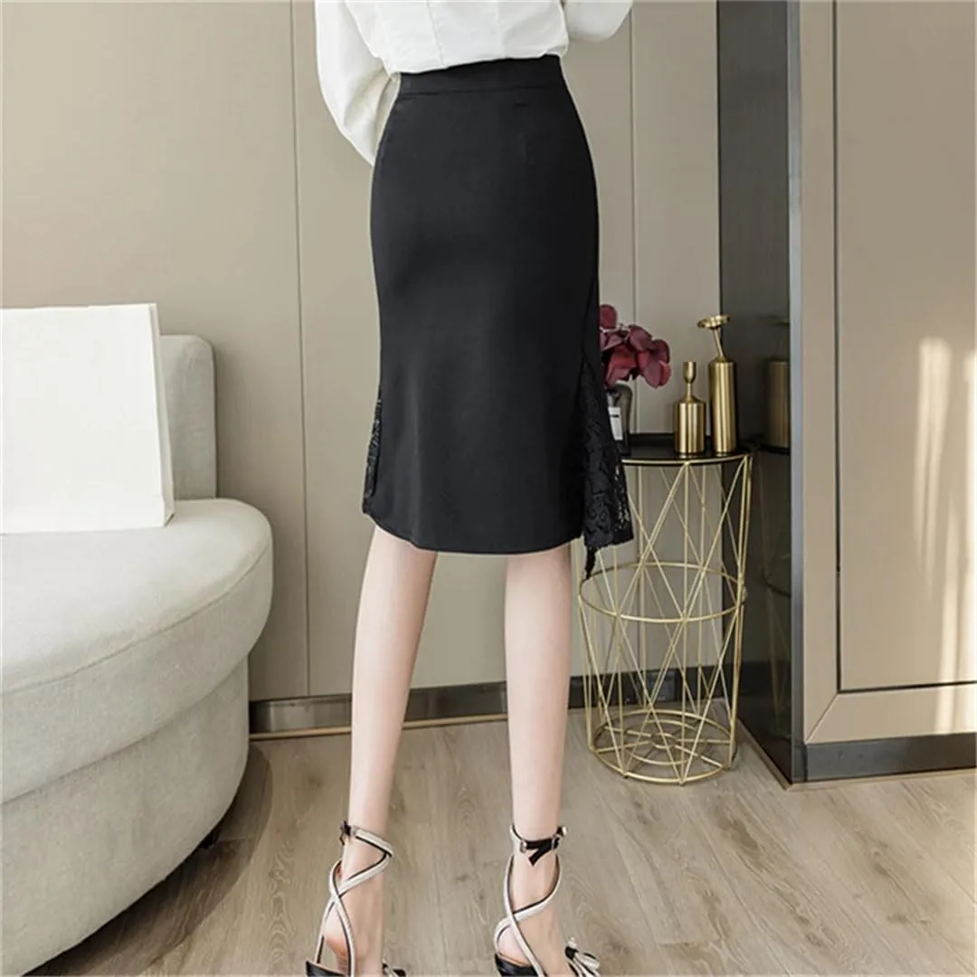 Women's Wrap High Waist Lace Patchwork Irregular Sheath Pencil Office Skirts
