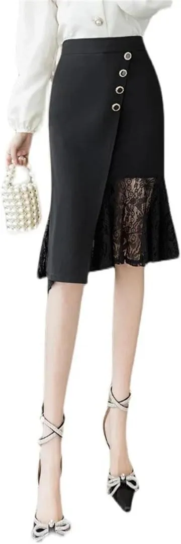 Women's Wrap High Waist Lace Patchwork Irregular Sheath Pencil Office Skirts