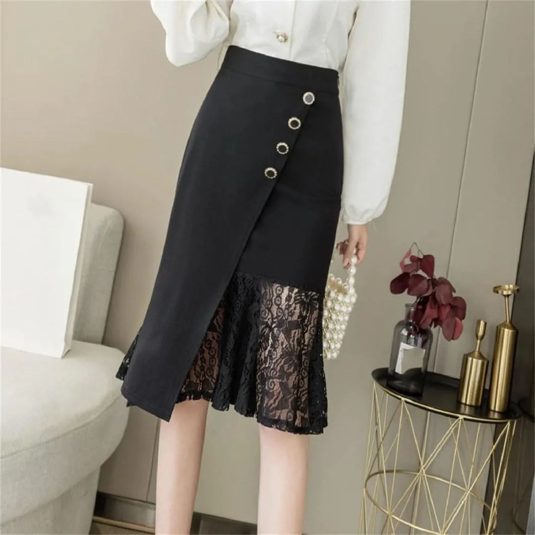 Women's Wrap High Waist Lace Patchwork Irregular Sheath Pencil Office Skirts