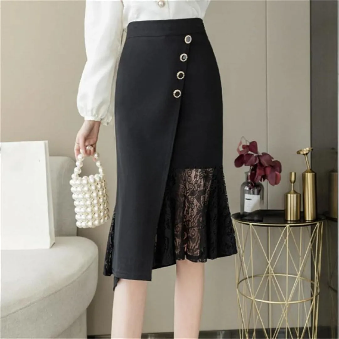 Women's Wrap High Waist Lace Patchwork Irregular Sheath Pencil Office Skirts
