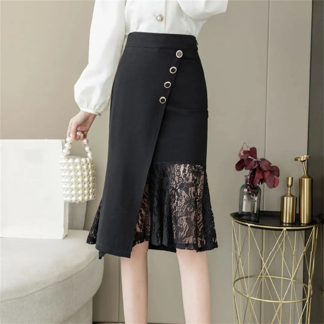Women's Wrap High Waist Lace Patchwork Irregular Sheath Pencil Office Skirts