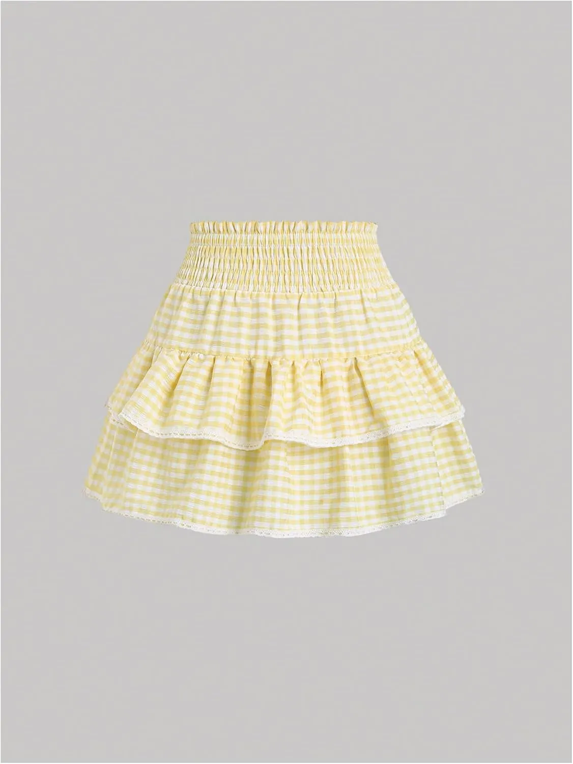 Women's Y2K Gingham Skirt Plaid Ruffle High Waist A-Line Cake Mini Skirts with Lace Hem