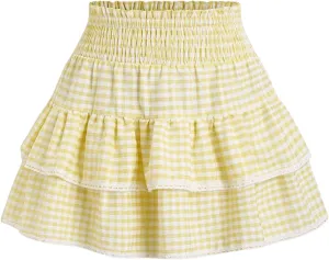 Women's Y2K Gingham Skirt Plaid Ruffle High Waist A-Line Cake Mini Skirts with Lace Hem
