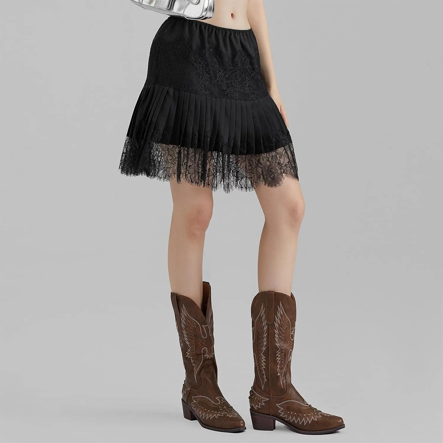 Women's Y2k Ruffle Mini Skirt Lace Hem Mid-Rise Pleated Floral Short Skirts A-line Layered Half Slip Skirt