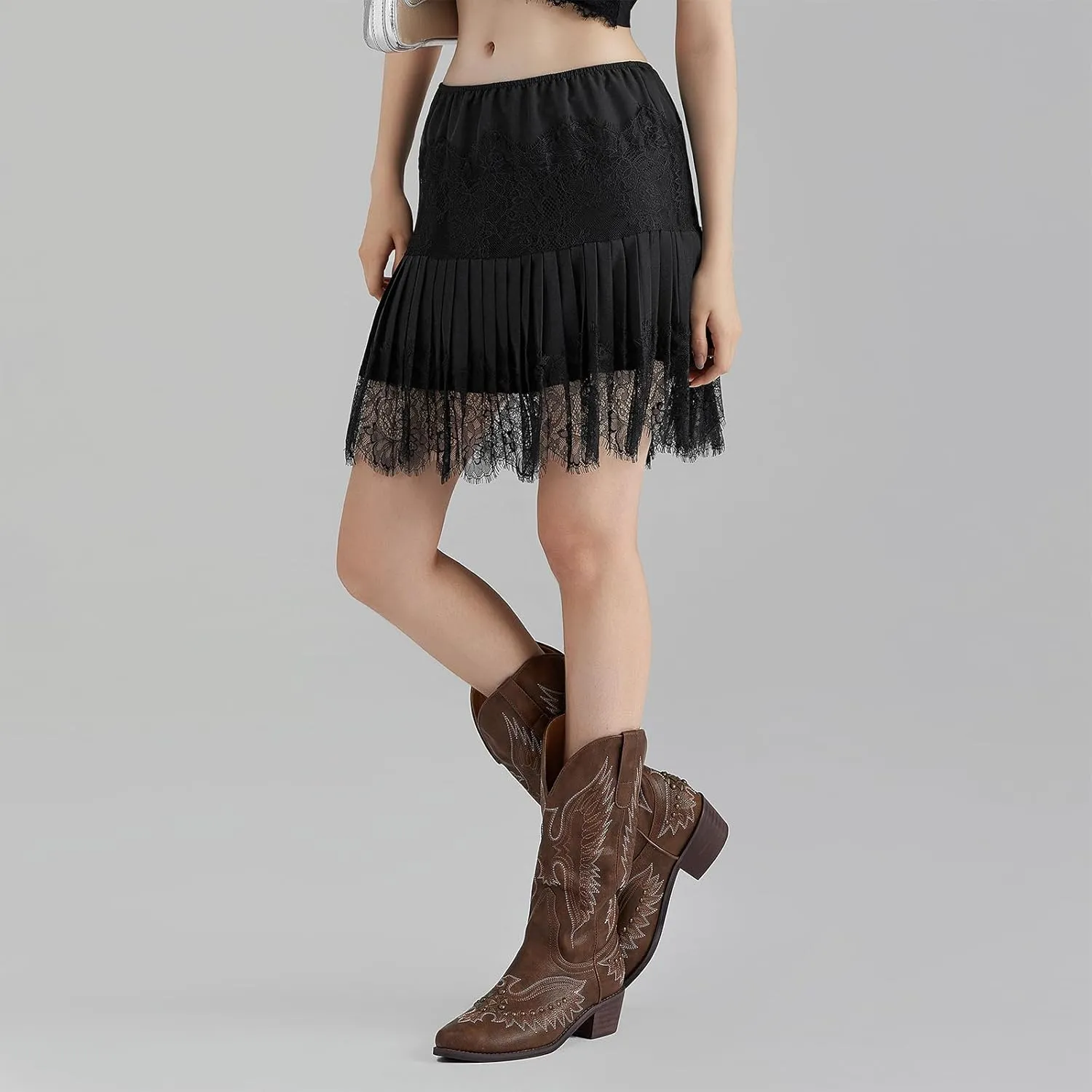 Women's Y2k Ruffle Mini Skirt Lace Hem Mid-Rise Pleated Floral Short Skirts A-line Layered Half Slip Skirt