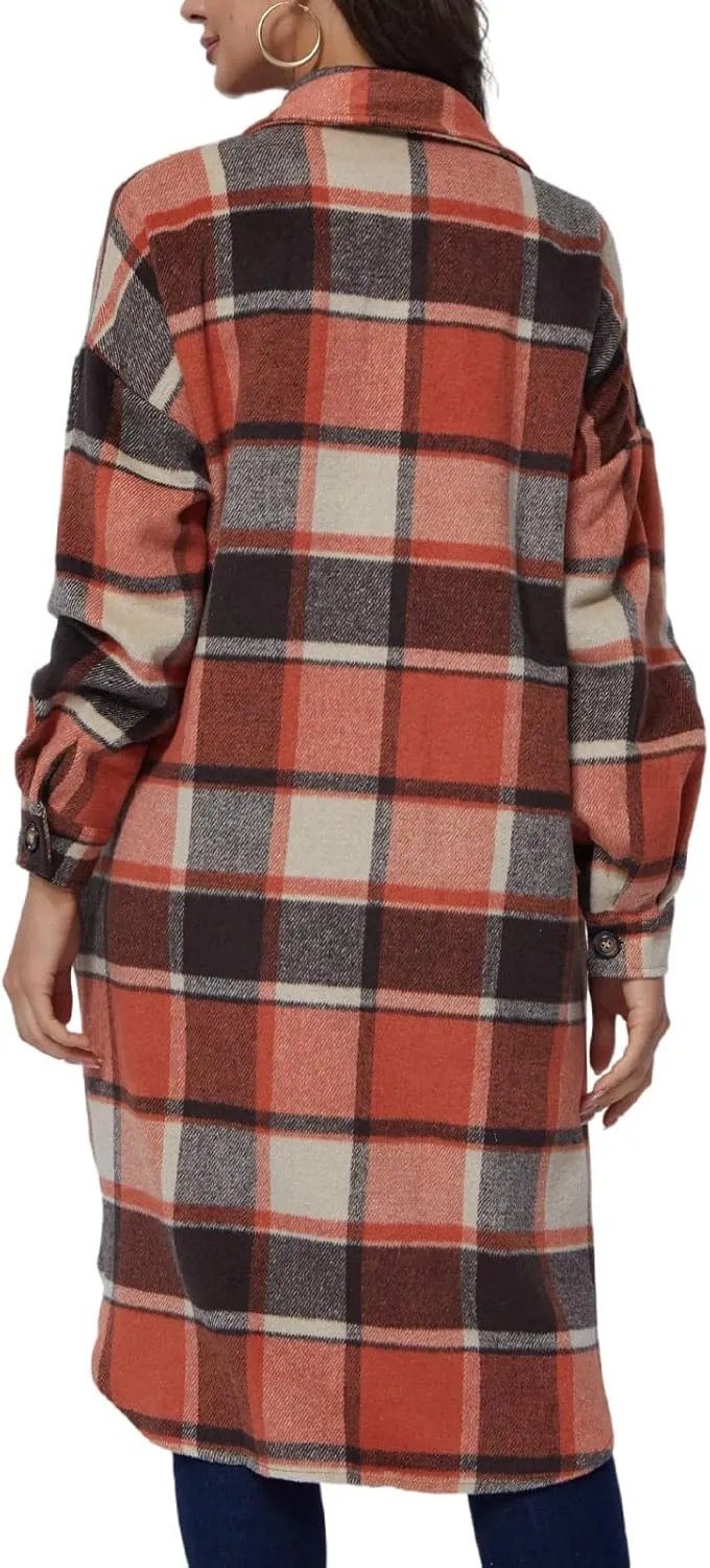 Xaspee Womens Long Plaid Shacket Jacket Casual Fashion Lapel Button Down Long Sleeve Long Plaid Coat with Pockets