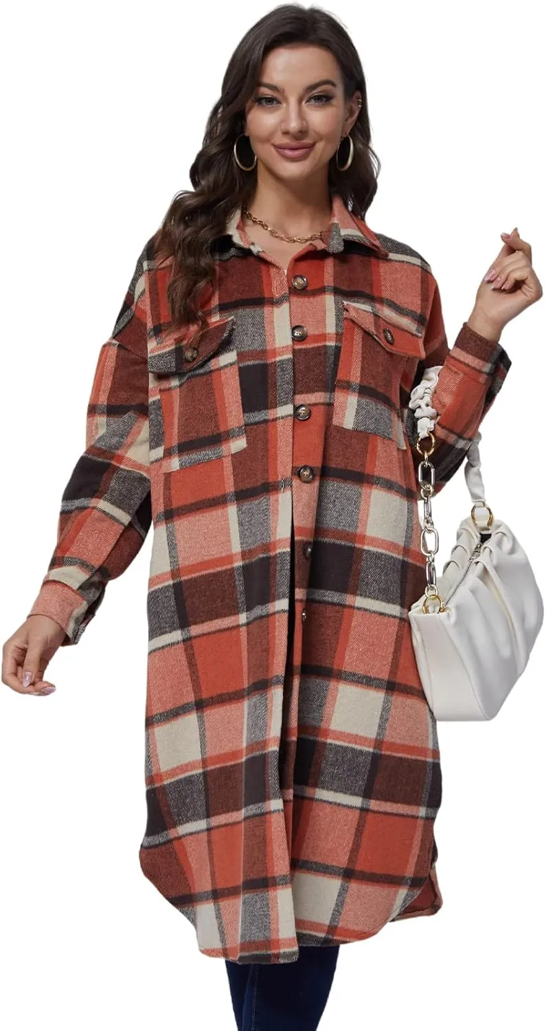 Xaspee Womens Long Plaid Shacket Jacket Casual Fashion Lapel Button Down Long Sleeve Long Plaid Coat with Pockets