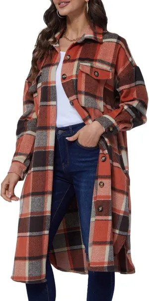 Xaspee Womens Long Plaid Shacket Jacket Casual Fashion Lapel Button Down Long Sleeve Long Plaid Coat with Pockets