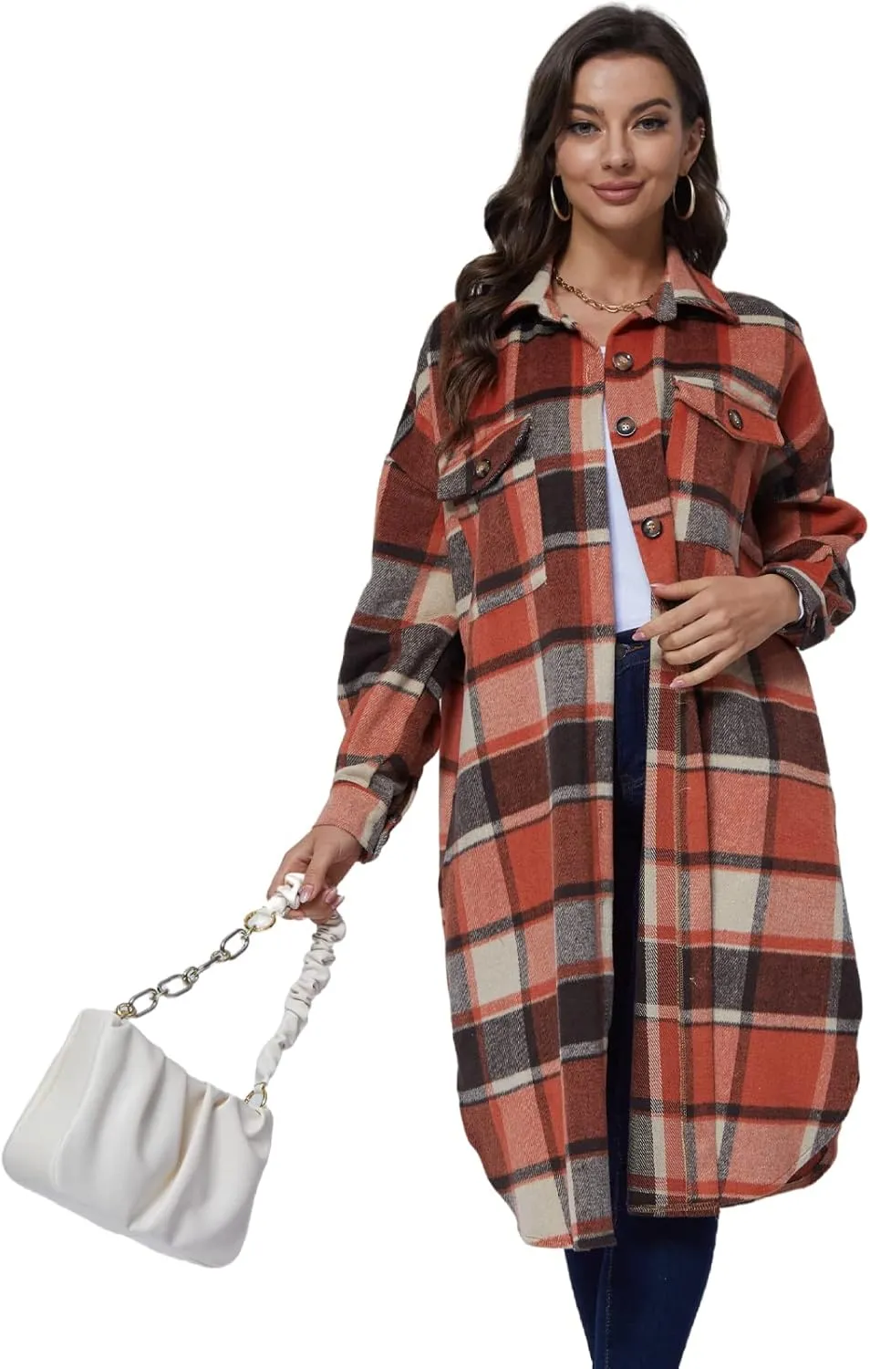 Xaspee Womens Long Plaid Shacket Jacket Casual Fashion Lapel Button Down Long Sleeve Long Plaid Coat with Pockets