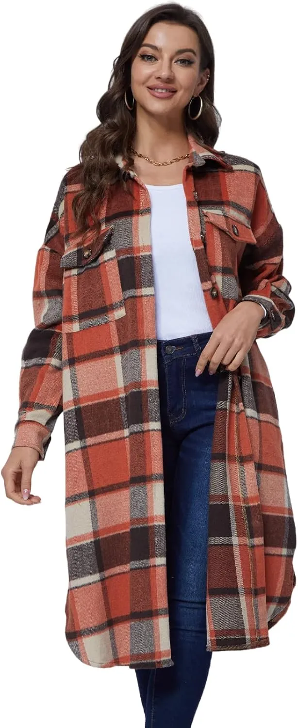 Xaspee Womens Long Plaid Shacket Jacket Casual Fashion Lapel Button Down Long Sleeve Long Plaid Coat with Pockets