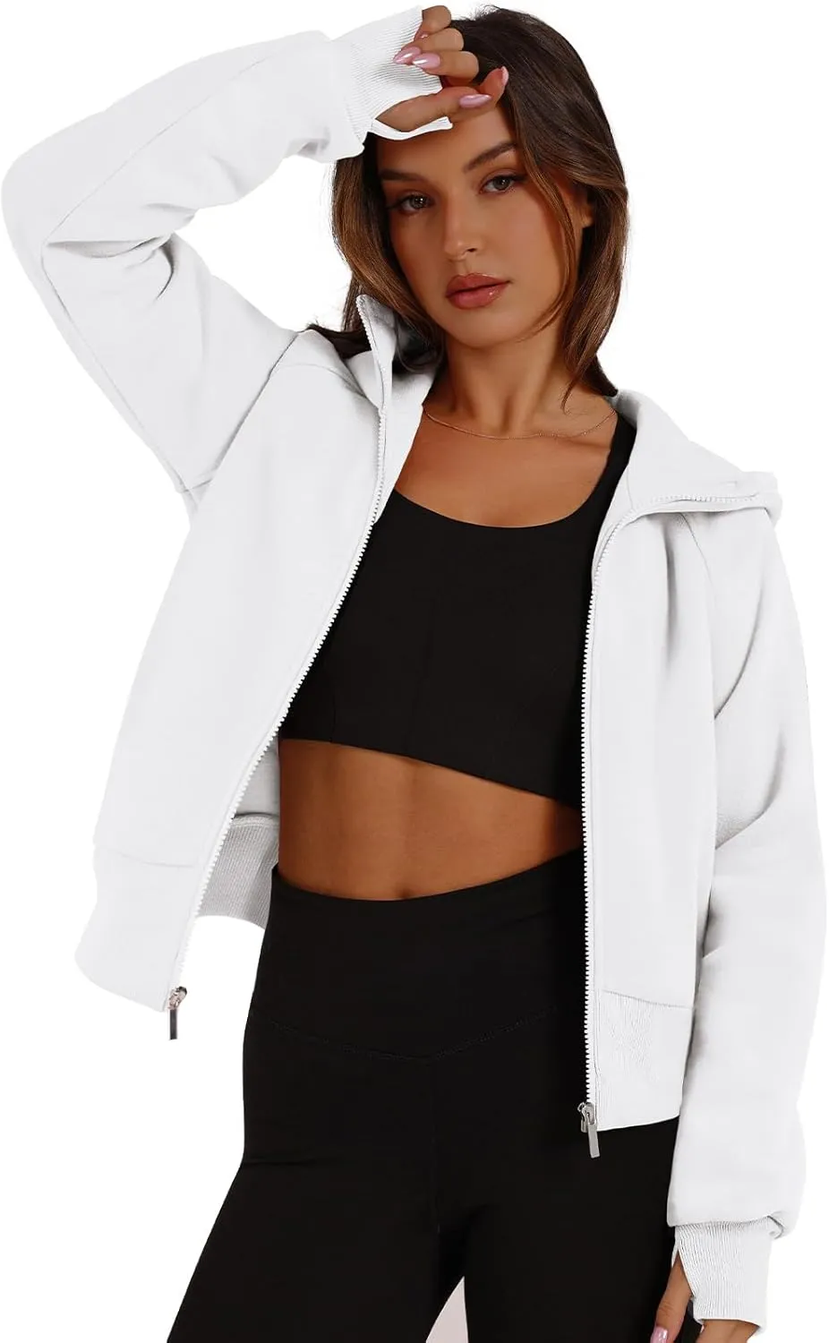 XIEERDUO Womens Zip Up Hoodie Cropped Sweatshirts Thumb Hole Fleece Jackets