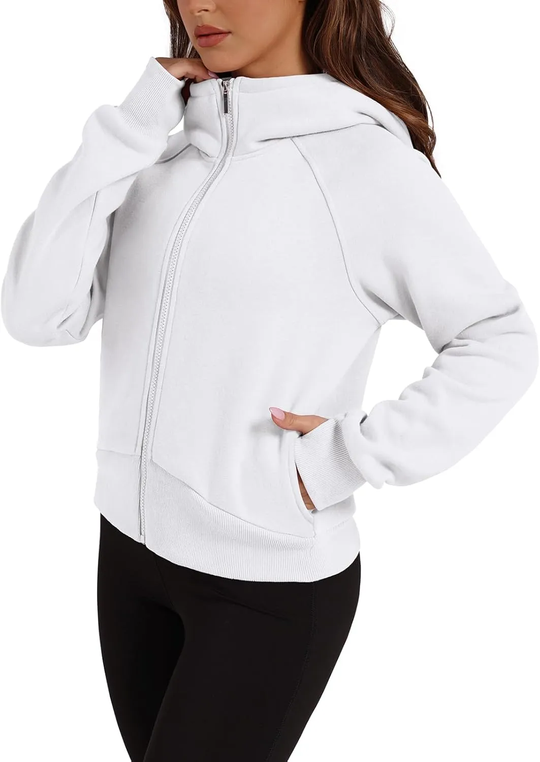XIEERDUO Womens Zip Up Hoodie Cropped Sweatshirts Thumb Hole Fleece Jackets