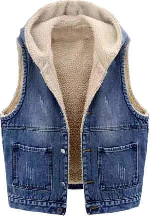 yardsong Fleece Lined Denim Vest for Women Winter Fuzzy Sherpa Sleeveless Jackets Button Down Casual Trucker Coats