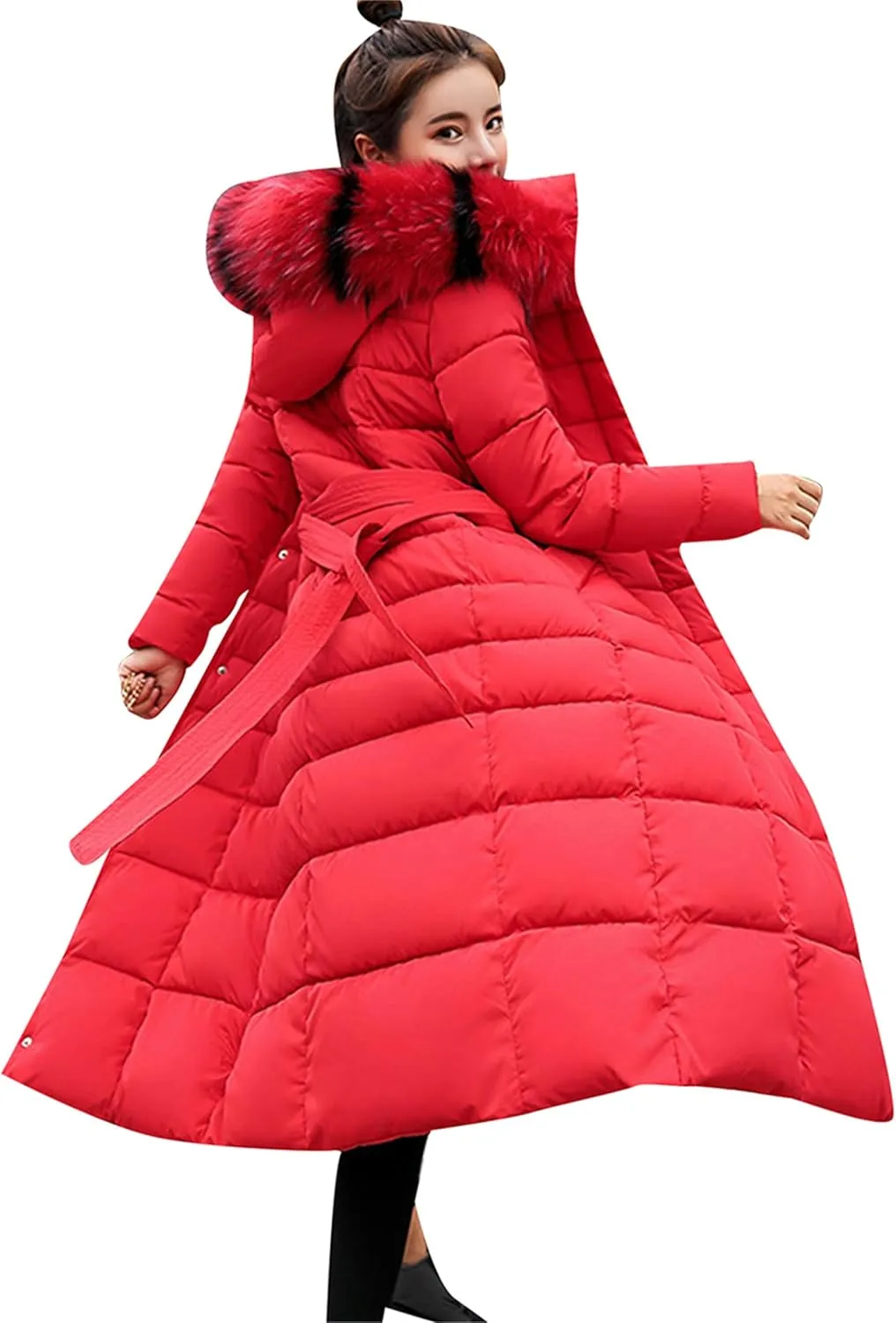 YMING Women's Winter Long Down Coat Pockets Maxi Down Parka Warm Puffer Jacket with Faux Fur Hood