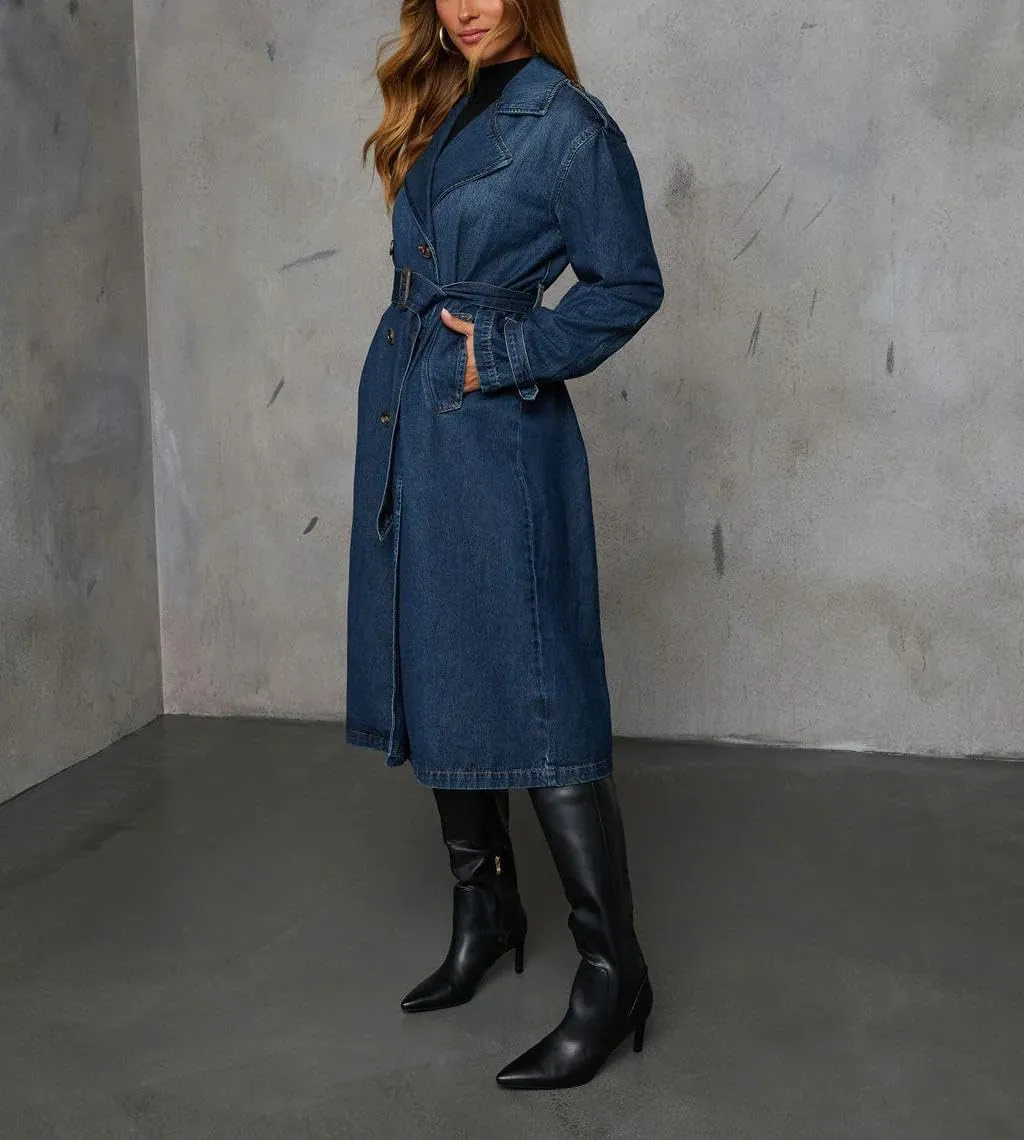 yoeasy Women's Vintage Notched Collar Denim Trench Coat Double Breasted Casual Midi Long Jean Jacket Coat with Belt