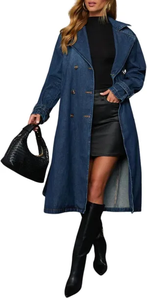 yoeasy Women's Vintage Notched Collar Denim Trench Coat Double Breasted Casual Midi Long Jean Jacket Coat with Belt