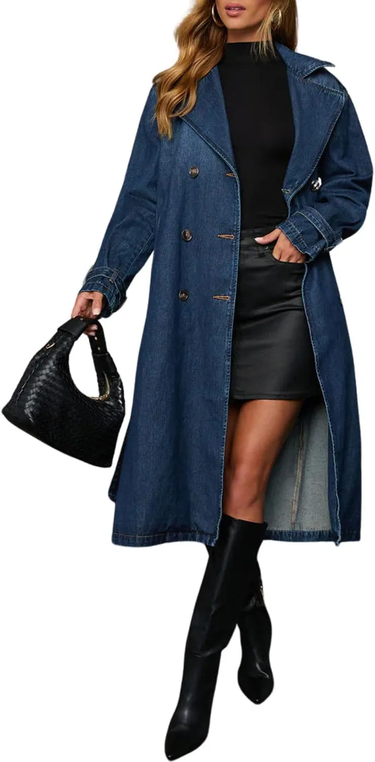 yoeasy Women's Vintage Notched Collar Denim Trench Coat Double Breasted Casual Midi Long Jean Jacket Coat with Belt