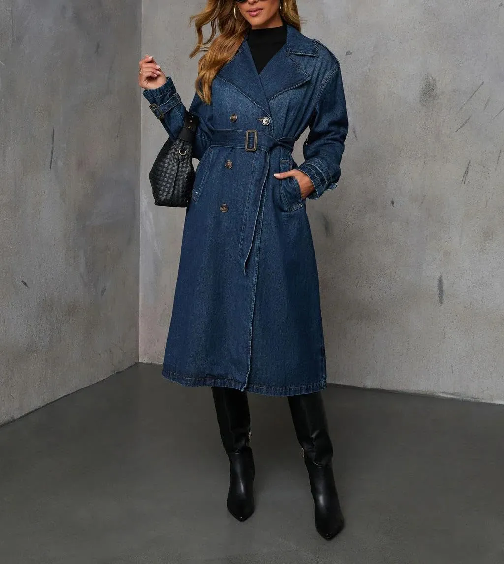yoeasy Women's Vintage Notched Collar Denim Trench Coat Double Breasted Casual Midi Long Jean Jacket Coat with Belt