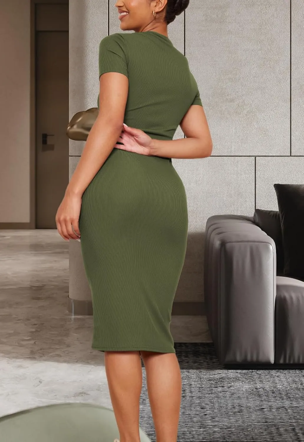 YouSexy Women's Summer Short Sleeve Ribbed Casual Dresses Crew Neck Bodycon Midi Dress