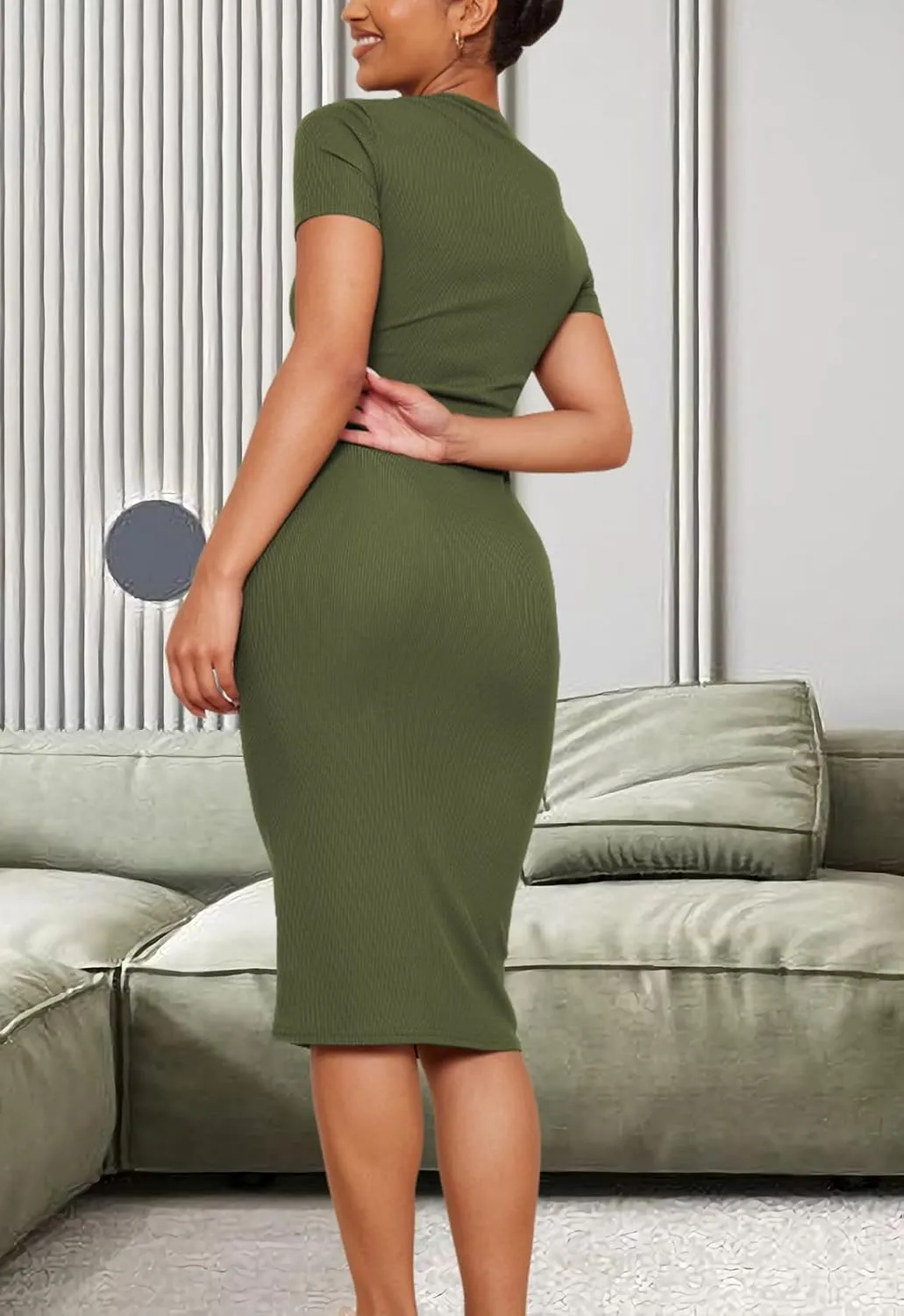 YouSexy Women's Summer Short Sleeve Ribbed Casual Dresses Crew Neck Bodycon Midi Dress