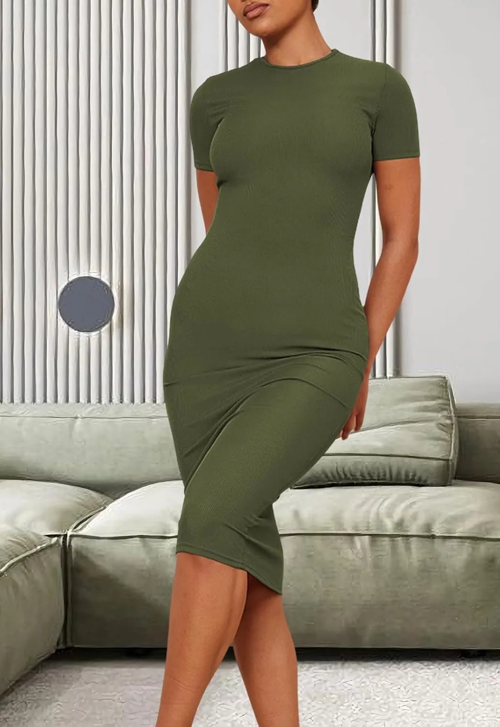 YouSexy Women's Summer Short Sleeve Ribbed Casual Dresses Crew Neck Bodycon Midi Dress