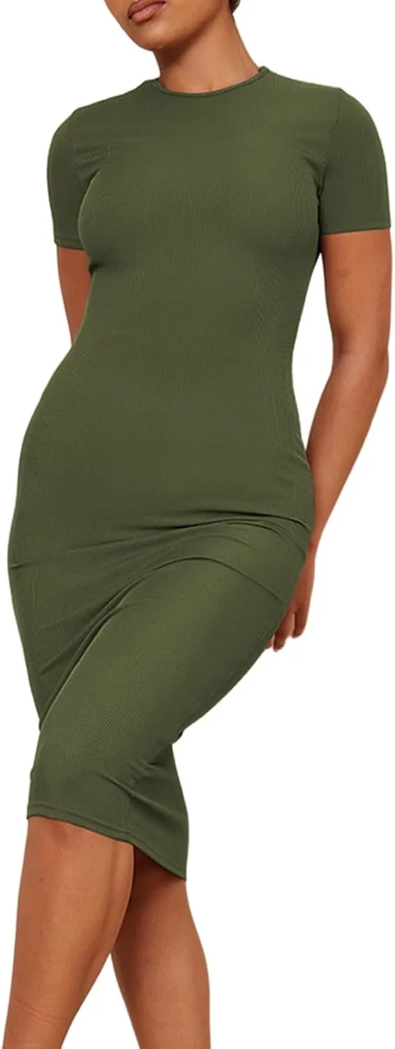 YouSexy Women's Summer Short Sleeve Ribbed Casual Dresses Crew Neck Bodycon Midi Dress