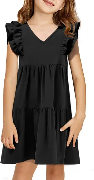 Yousify Girls Summer Dress V Neck Ruffle Sleeve Loose Casual Cute A-Line Dress Sundress Outfits Clothes 5-14 Years