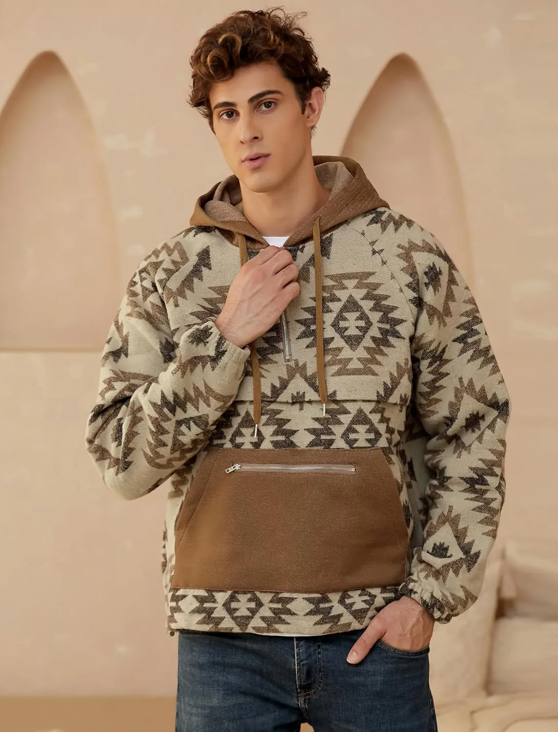 ZAFUL Men's Oversized Hoodie Quarter Zip Ethnic Aztec Print Loose Pullover Hooded Sweatshirt with Pocket